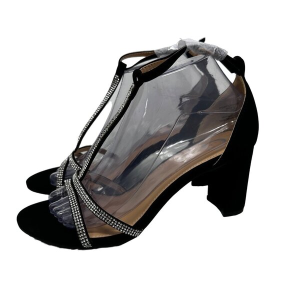 Black Rhinestone Ankle Strap Heels Size 8 Open Toe Clear PVC T-Strap - Picture 3 of 9